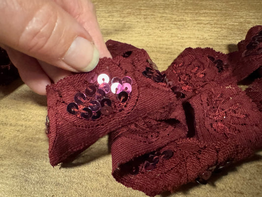 Scalloped lace edging trim fabric with sequins - stretch - burgundy