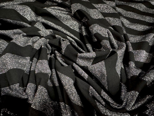 Metallic stretch single jersey fashion fabric, per metre - lurex stripe - black & silver