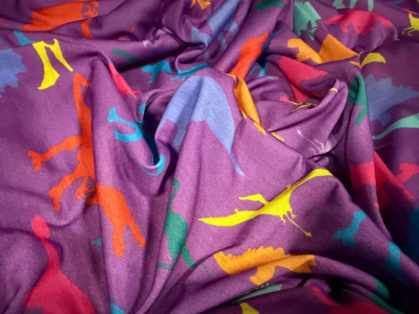 Soft handle single jersey fabric, per metre - dinosaur print - purple