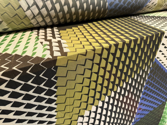 Power mesh net stretch spandex fabric, per metre - geometric print - khaki emerald & blue