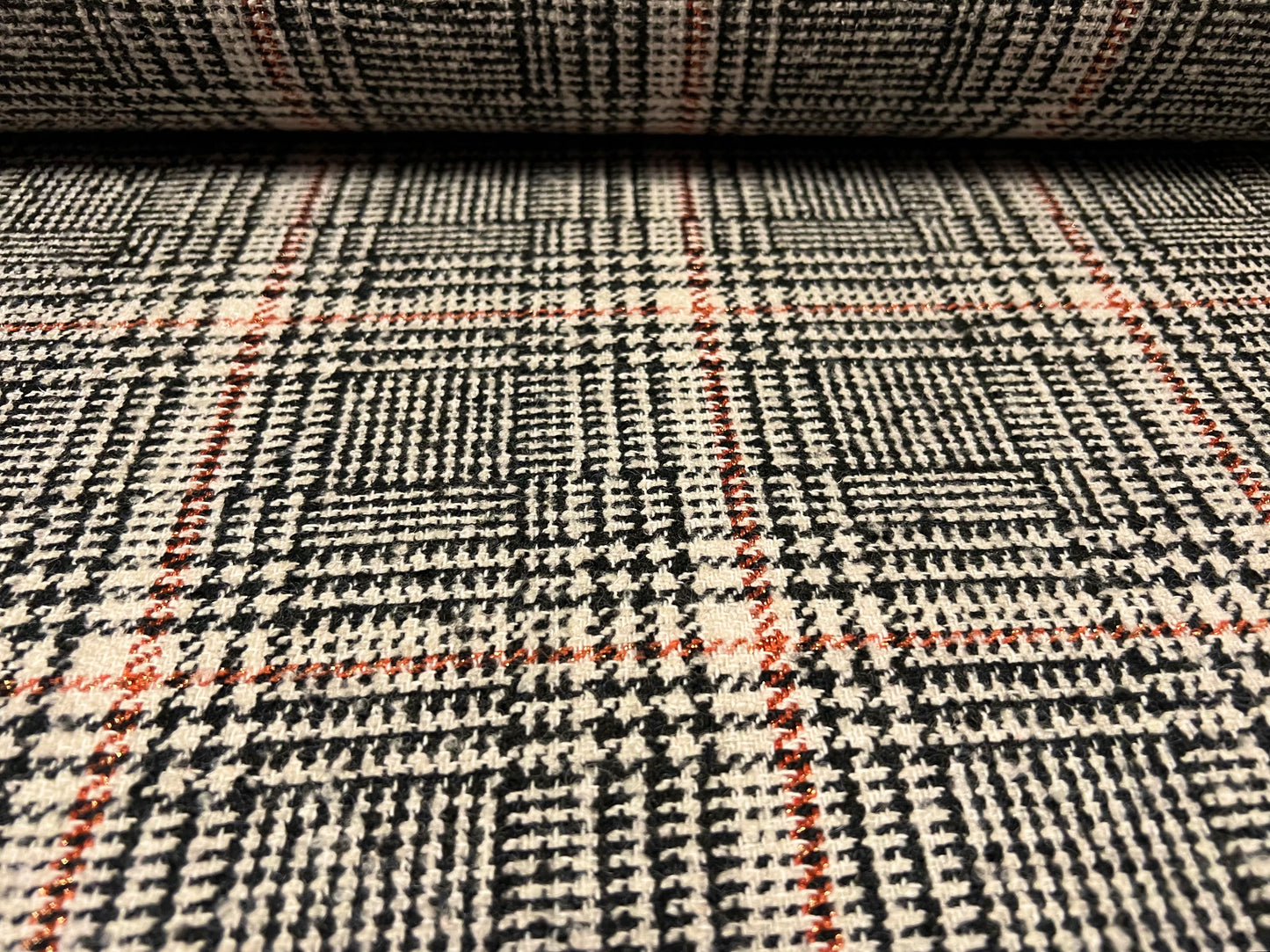 Metallic Wool jacquard woven fabric, per metre - lurex check - grey orange & gold