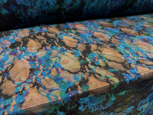Stretch spandex mesh lace fabric, per metre - floral print - turquoise black & purple
