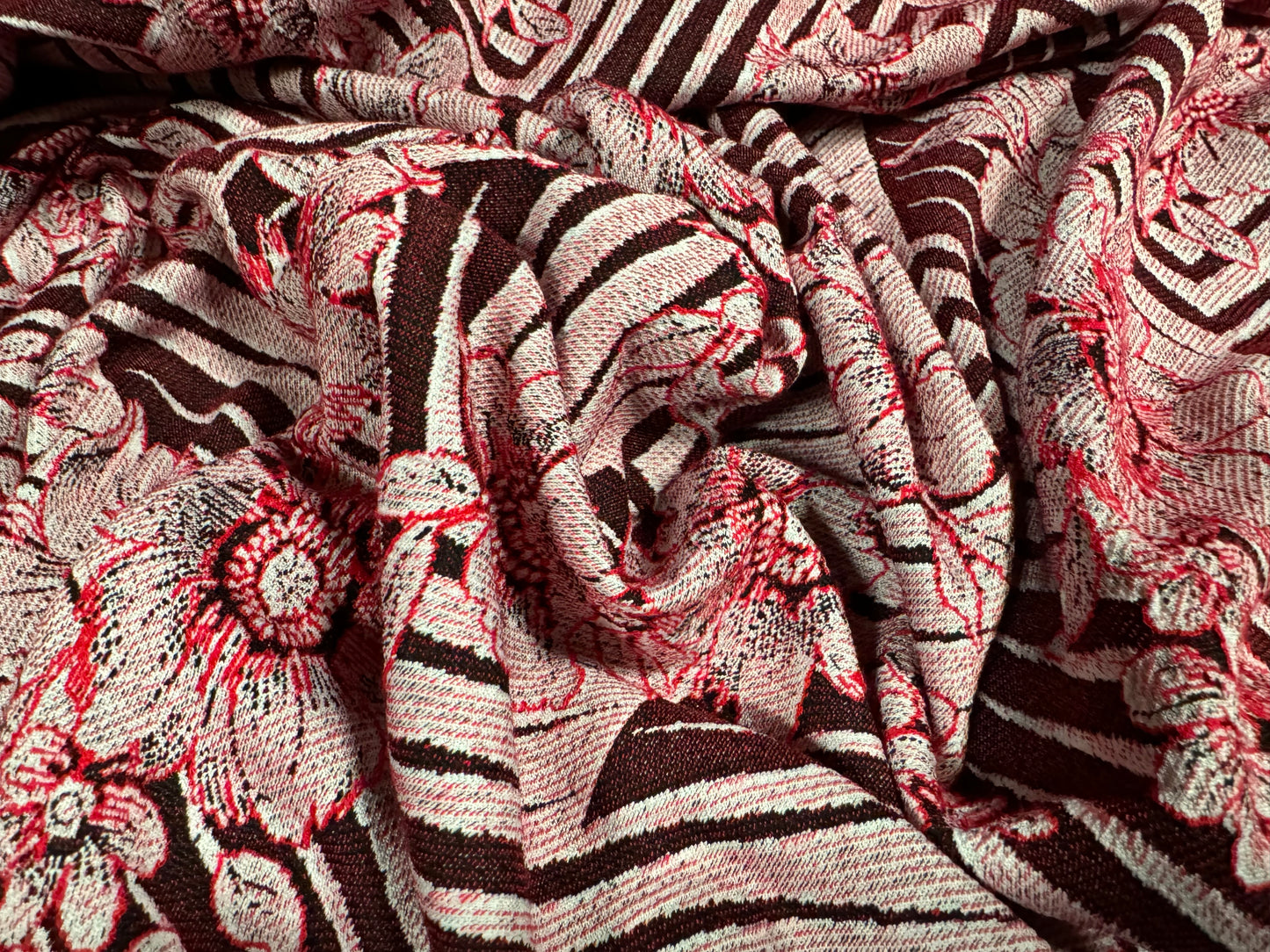 Stretch double jersey fabric, per metre - stylised flower jacquard - red pink & aubergine