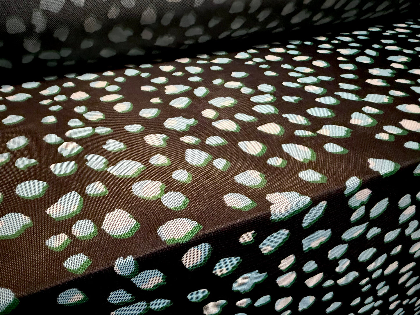 Power mesh net stretch spandex fabric, per metre - abstract print - black & turquoise