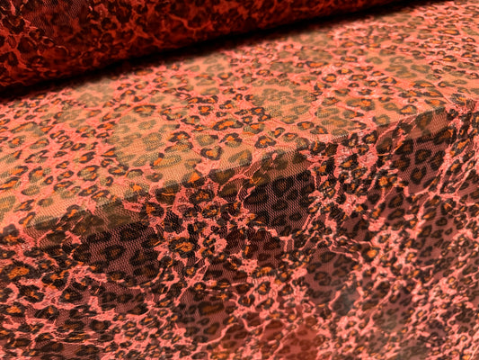 Stretch spandex mesh lace fabric, per metre - leopard animal print - coral