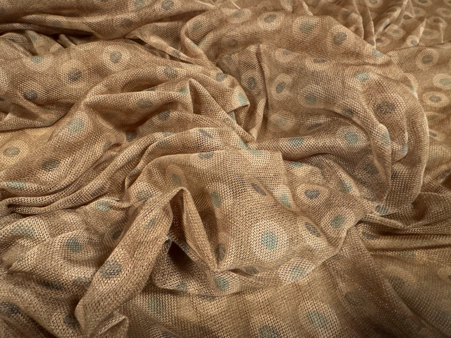 Sheer Mesh net fabric, per metre - circles print - coffee