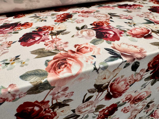 ITY stretch spandex single jersey fabric, per metre - floral roses print - blush & chestnut