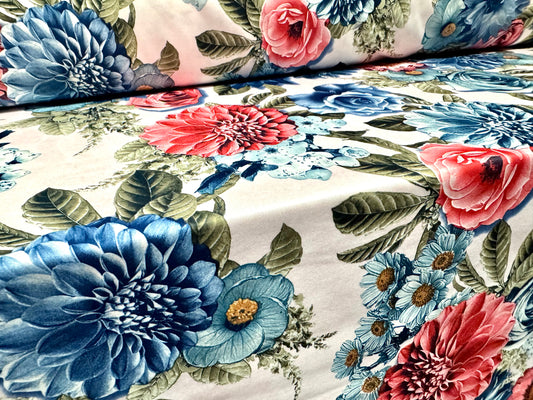 Scuba stretch spandex double jersey fabric, per metre - floral bouquet print - blue pink & white
