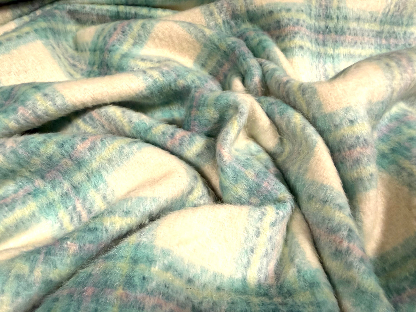 Heavyweight wool flannel fabric, per metre - plaid check - mint pink & ivory