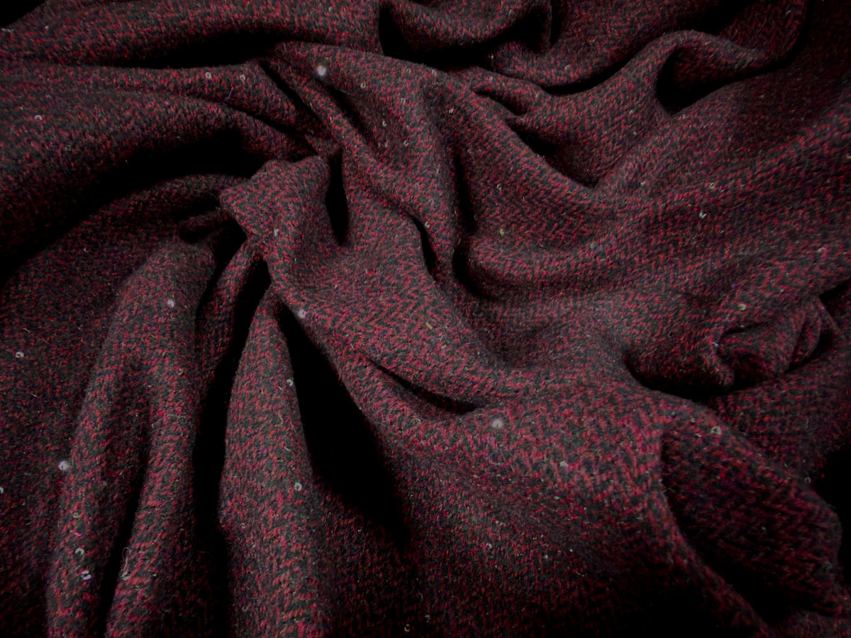 Wool herringbone fabric with sequins, per metre - rich burgundy
