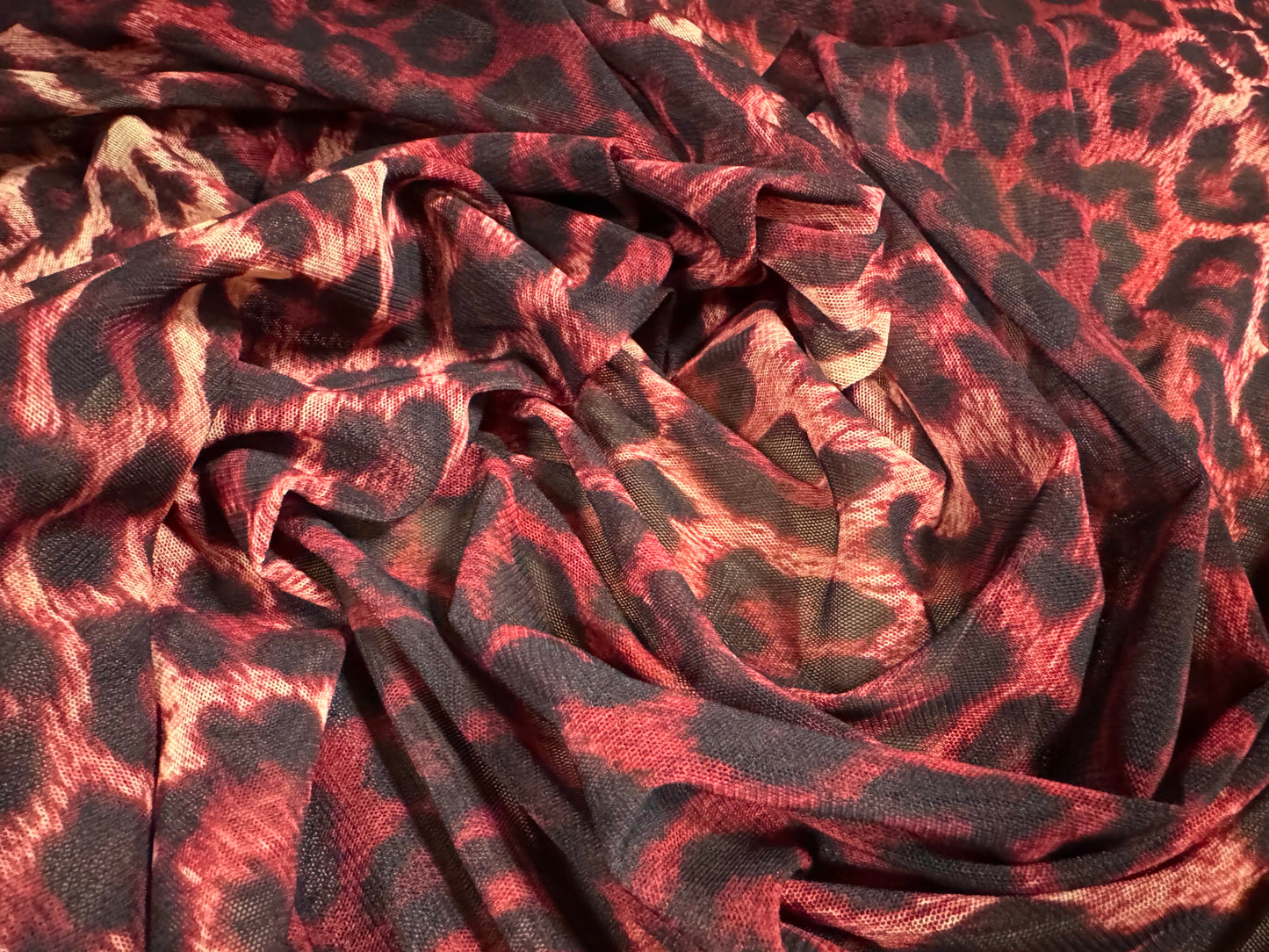 Power mesh crepe stretch spandex fabric, per metre - leopard animal print - berry red