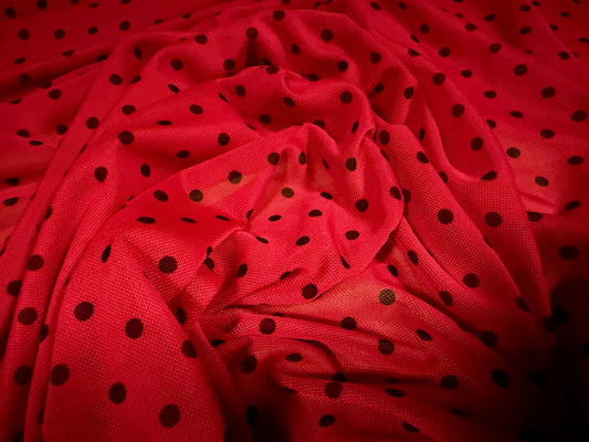 Power mesh net stretch spandex fabric, per metre - ladybird spot print - red & black
