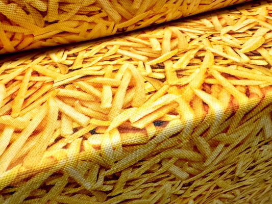 Stretch spandex piqué jersey fabric, per metre - French Fries chips print - gold