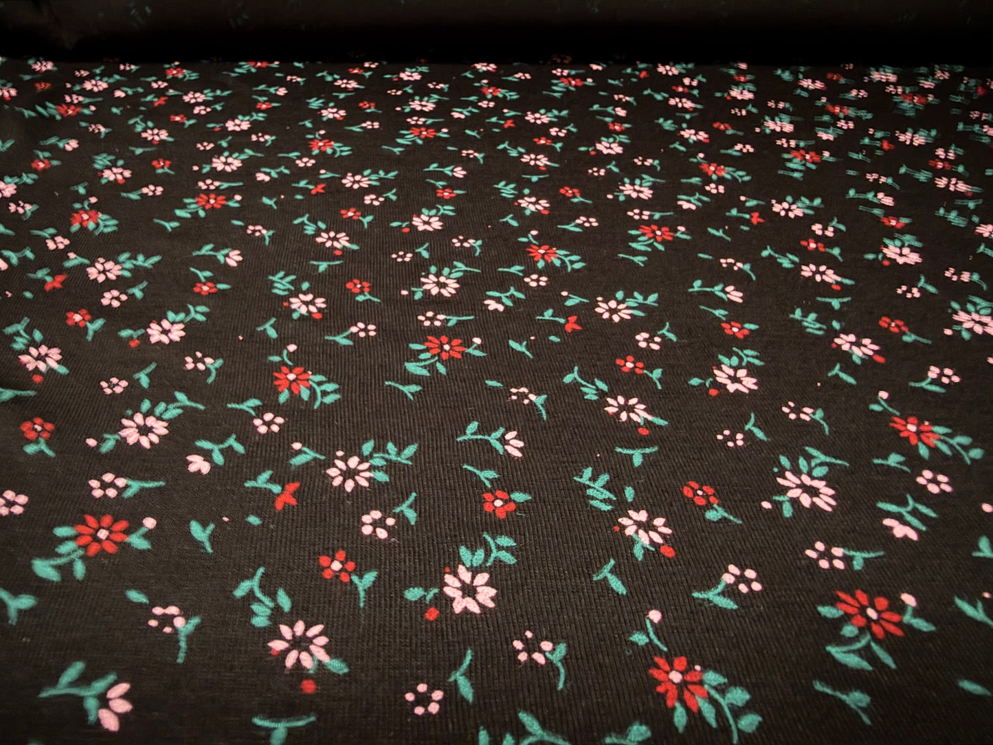 Viscose spandex stretch single jersey fabric, per metre - small ditsy flower print - black & pink