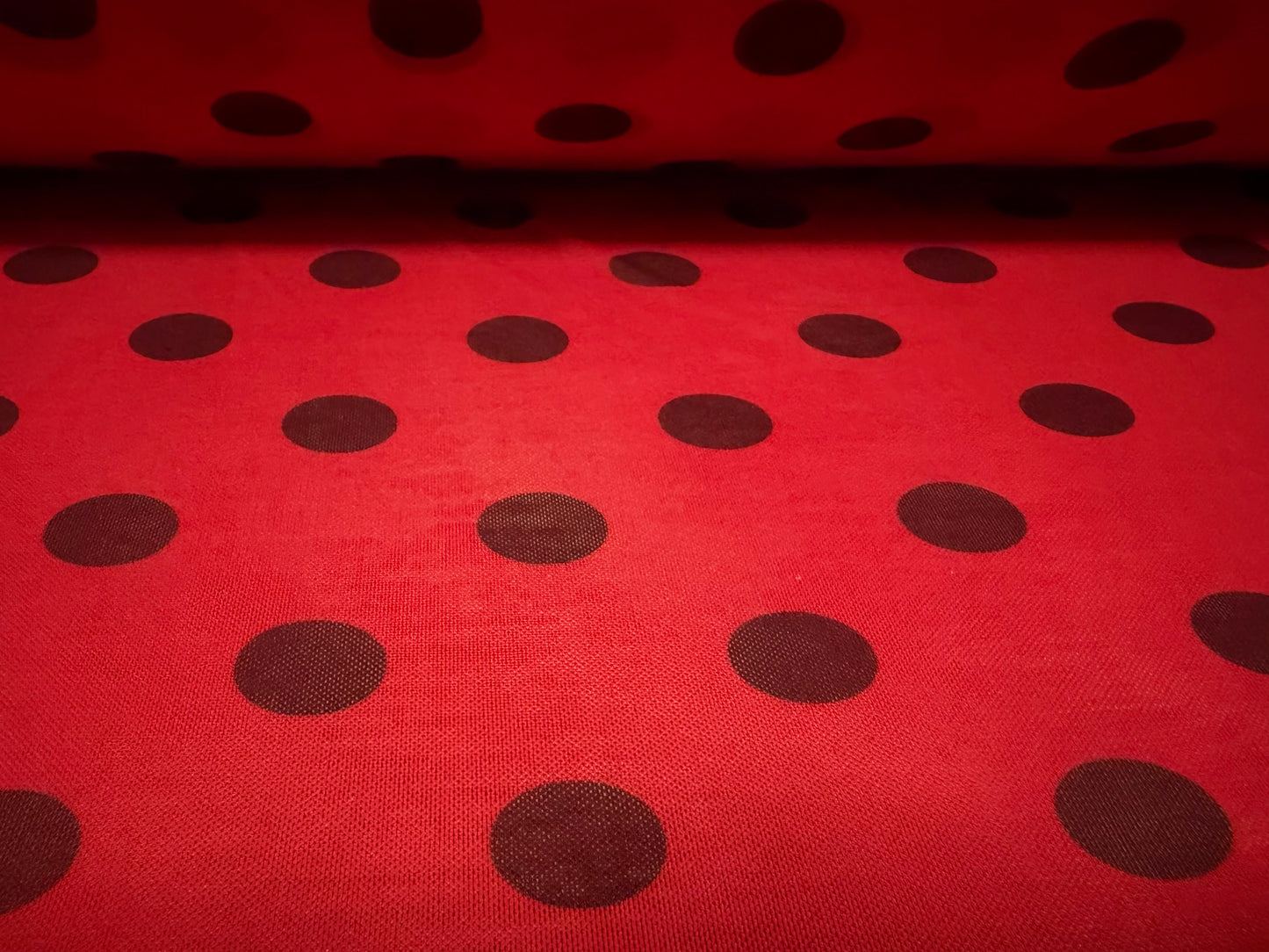 Power mesh net stretch spandex fabric, per metre - ladybird polka dot print - red & black