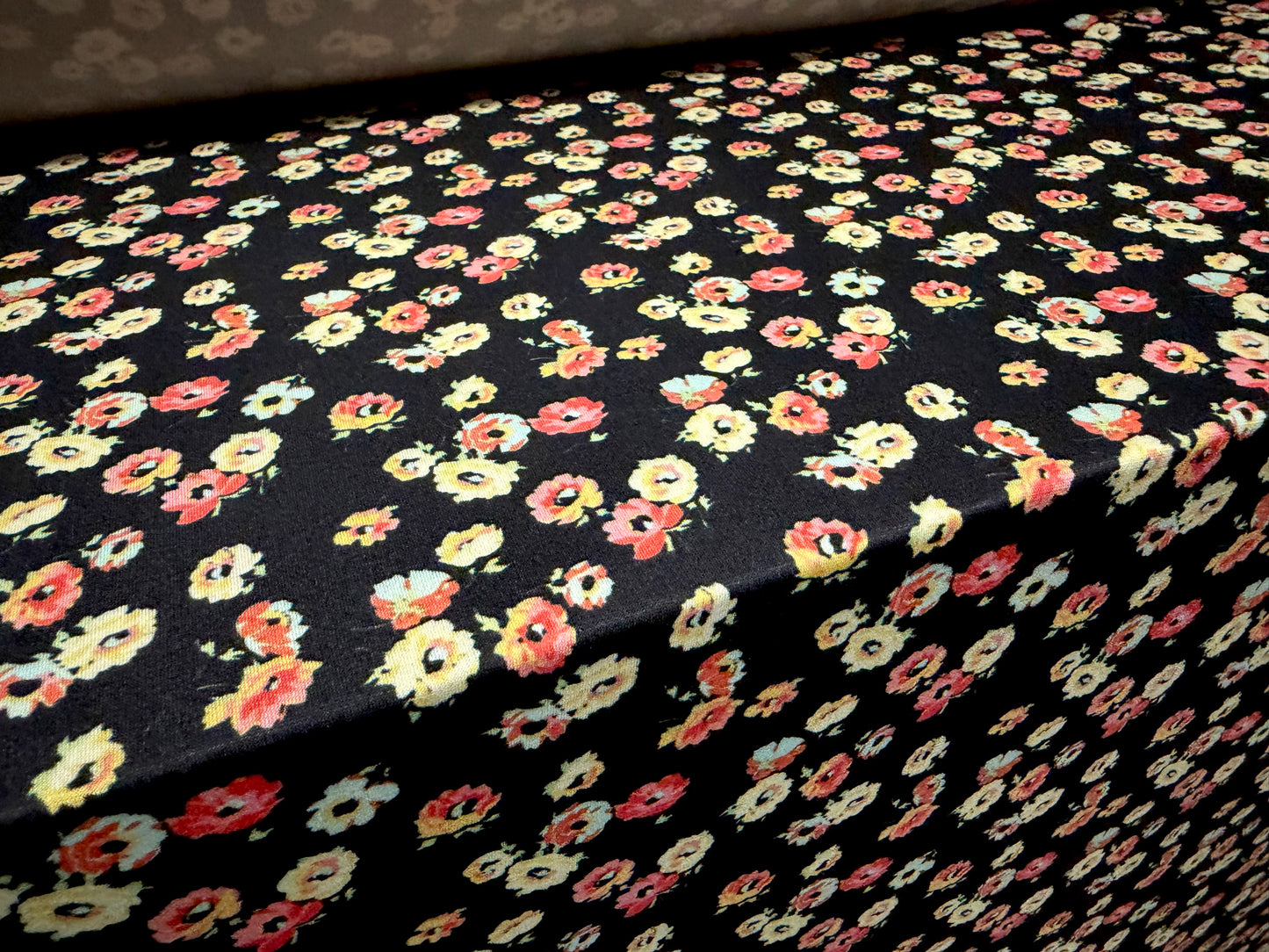 Stretch spandex jersey fabric, per metre - anemone flower print - black pink & lemon