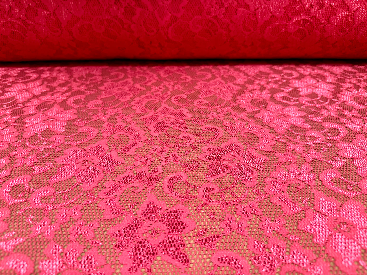 Stretch lace dress fabric, per metre - scalloped selvedge - floral - London pink