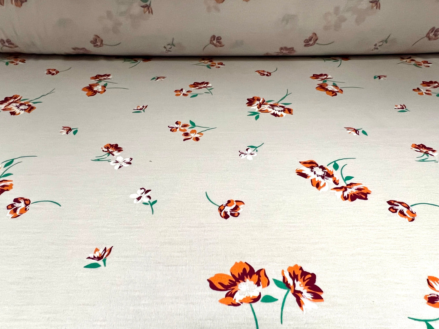 Soft handle single jersey fabric, per metre - flower print - pale grey & orange