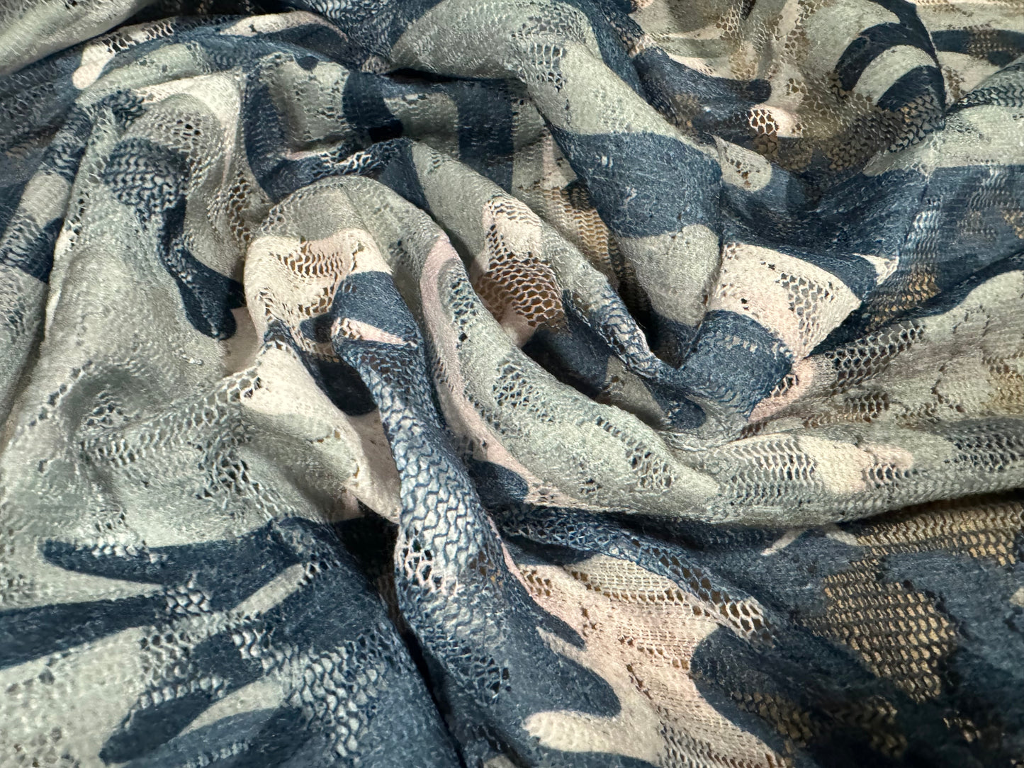 Lace mesh dress fabric, per metre - camouflage print - blue sage & ivory