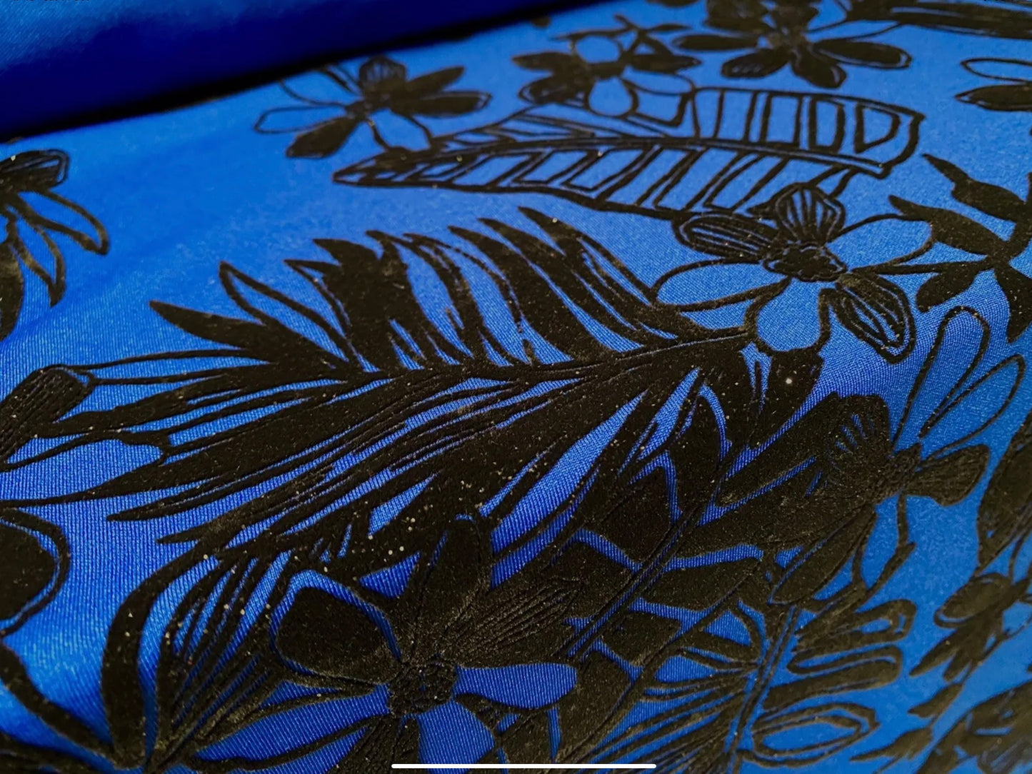 Stretch spandex double jersey fabric, per metre - jungle leaf print with glitter sparkle - royal blue & black