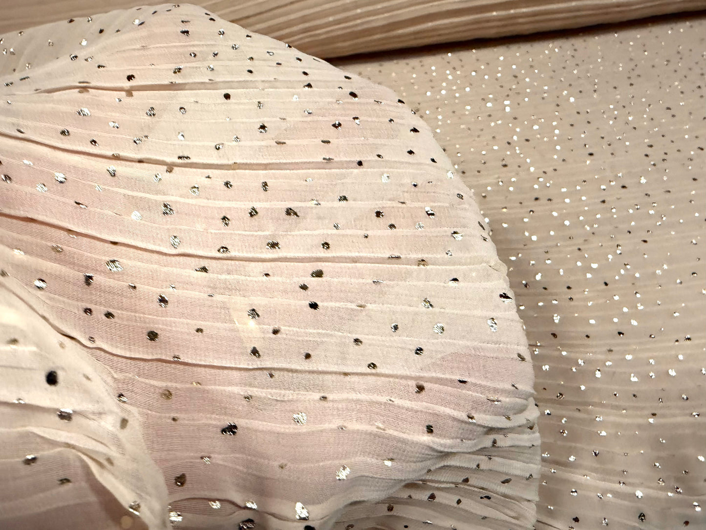 Metallic plissé pleated chiffon fabric, per metre - oyster with gold foil fleck print