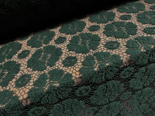 Heavy flocked lace dress fabric, per metre - flower design - bottle green