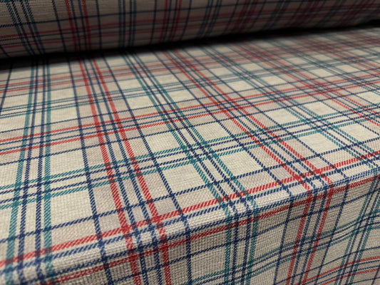 Chenille upholstery fabric, per metre - plaid check print - stone red & emerald