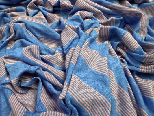 Viscose spandex stretch single jersey fabric, per metre - stripes - blue & nude