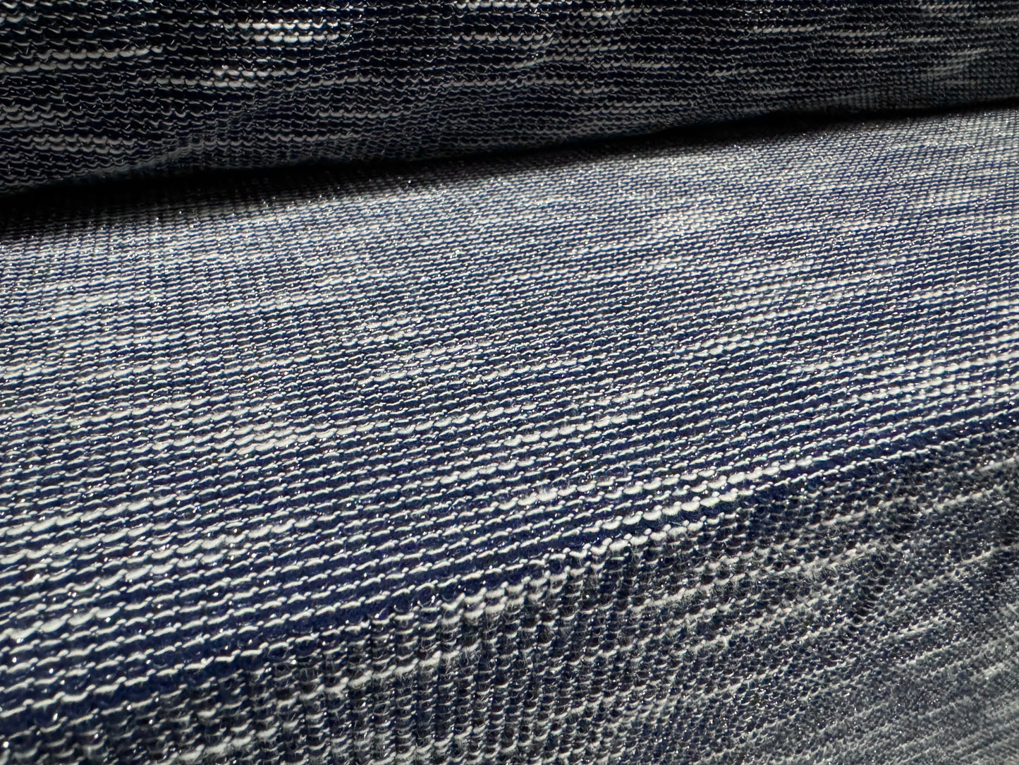 Metallic bouclé knitwear jersey fabric, per metre - dark blue & white slub with silver lurex