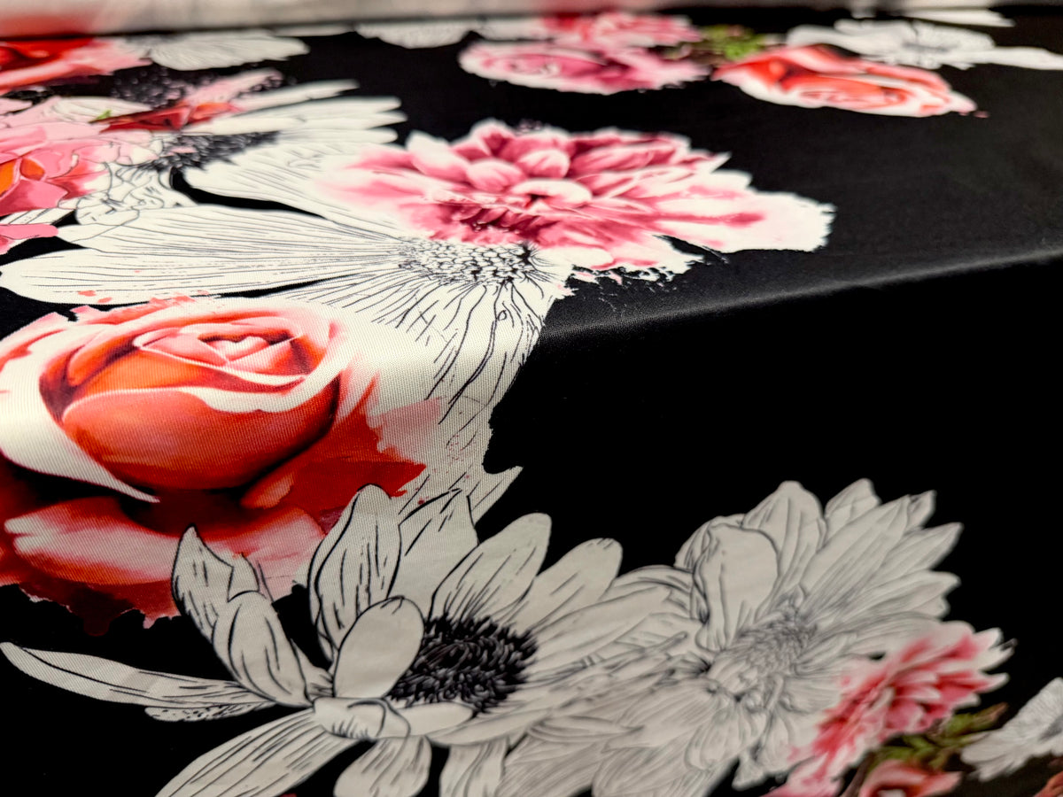 Scuba stretch spandex double jersey fabric, per metre - rose art print - black & pink
