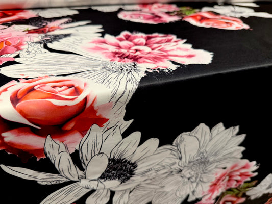 Scuba stretch spandex double jersey fabric, per metre - rose art print - black & pink