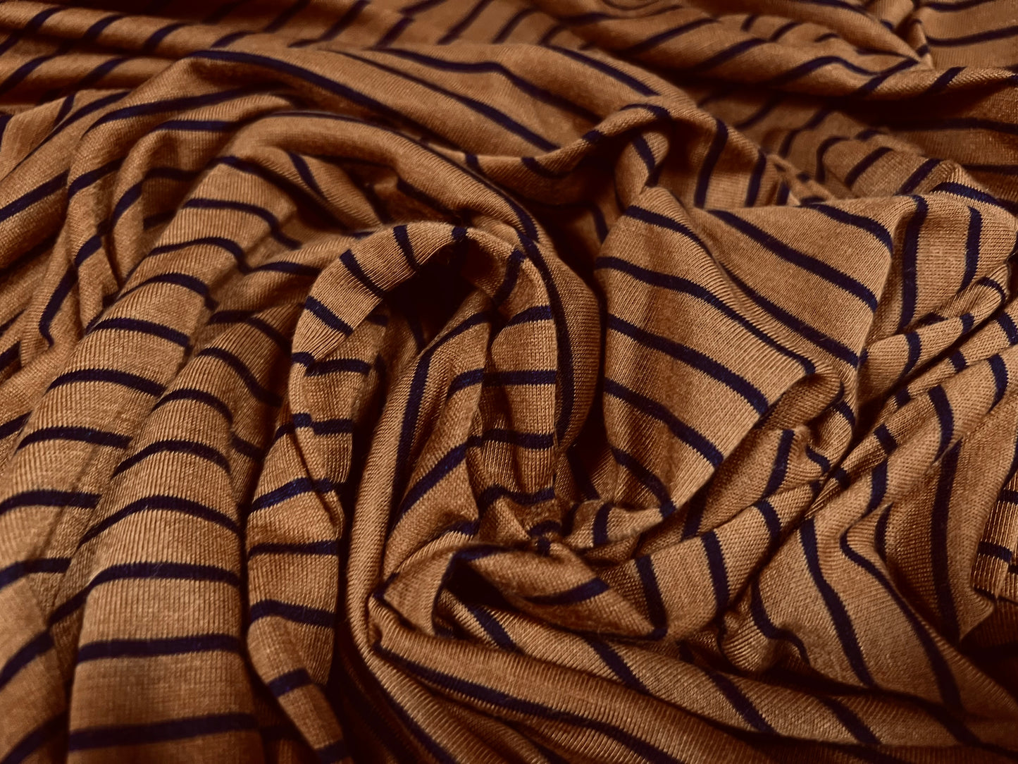 Viscose blend single jersey fabric, per metre - stripe - russet brown & navy