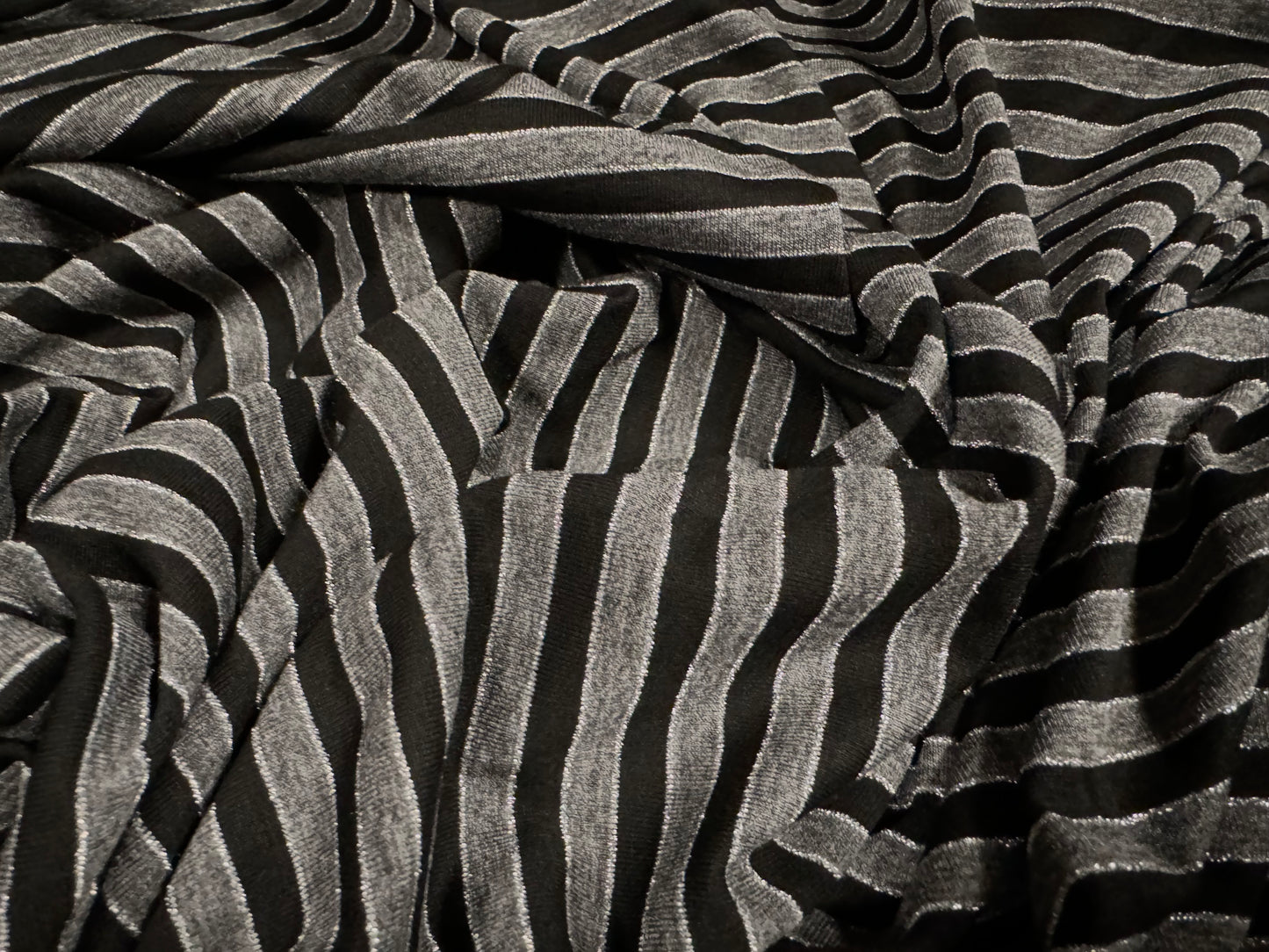 Metallic viscose spandex stretch single jersey fabric, per metre - stripe - grey & black with silver lurex