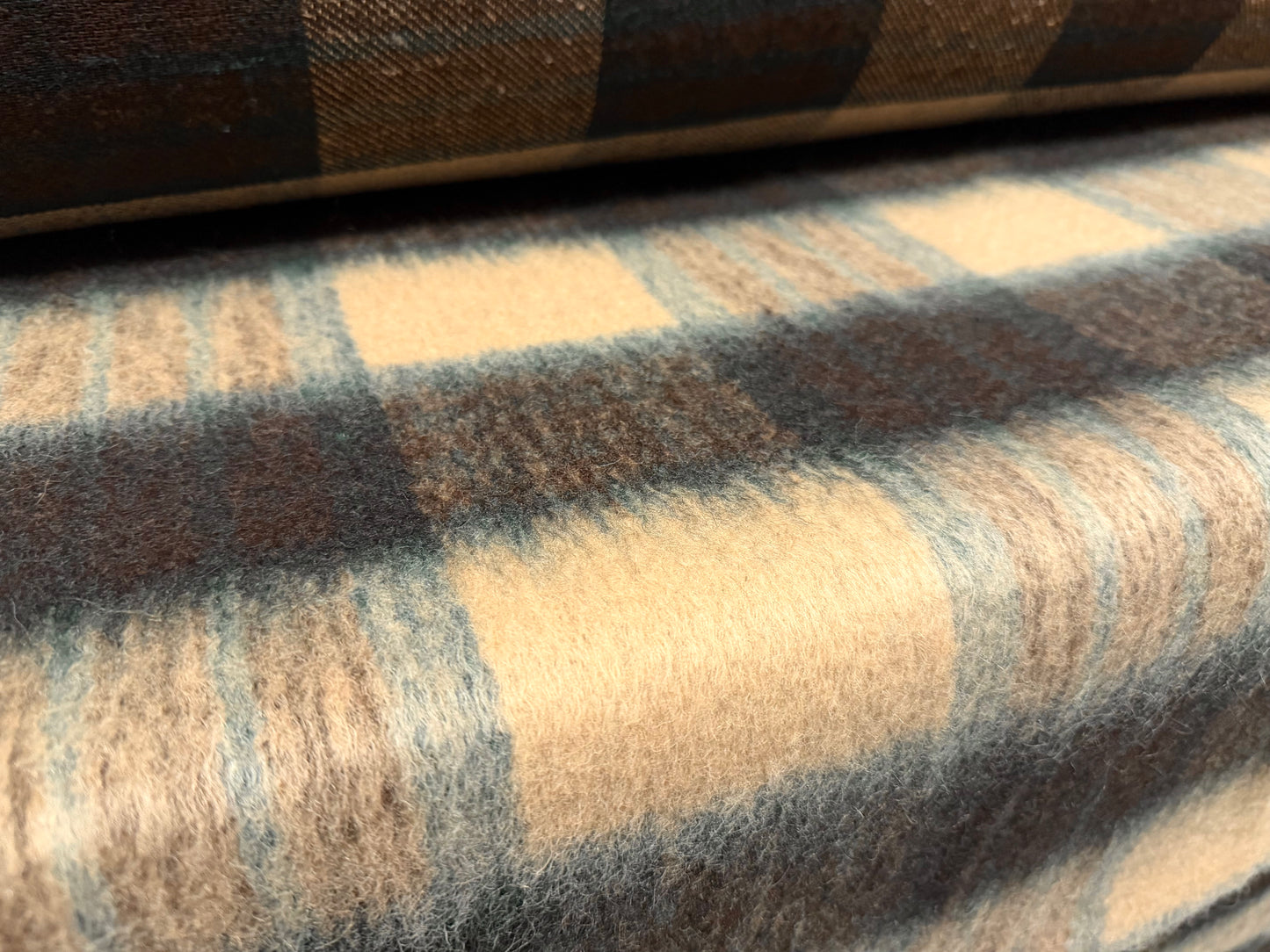 Wool faux fur fabric, per metre - distressed plaid - beige brown & teal