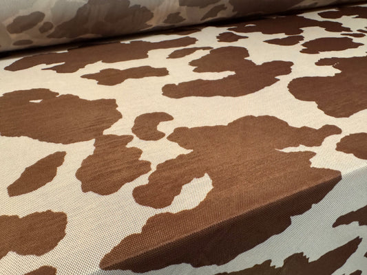 Power mesh net stretch spandex fabric, per metre - cow hide print - brown & beige