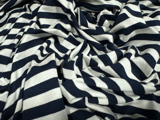 Viscose spandex stretch single jersey fabric, per metre - stripe - navy blue & ivory