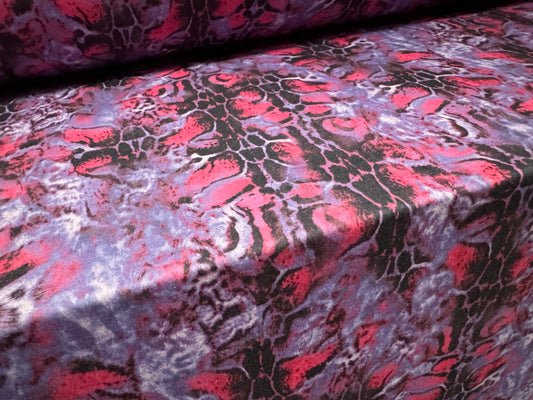 Stretch spandex interlock jersey fabric, per metre - stylised snakeskin print - violet & pink