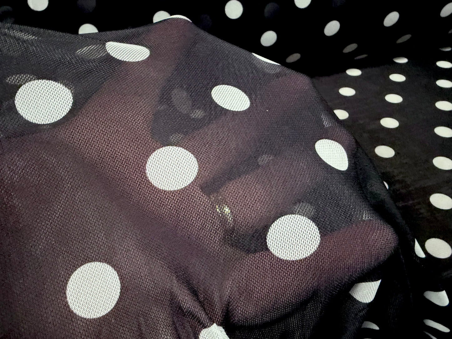 Power mesh net stretch spandex fabric, per metre - polka dot print - black & white