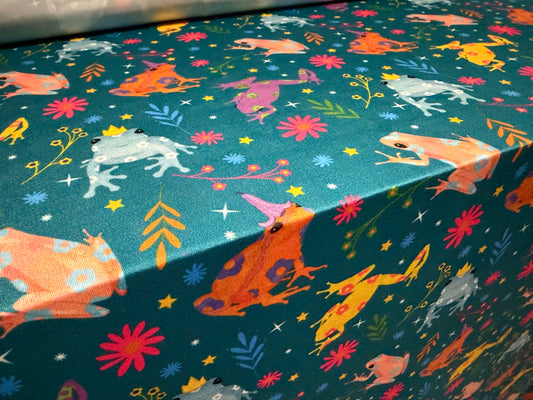 Soft touch stretch spandex single jersey fabric, per metre - Frog Prince print - teal