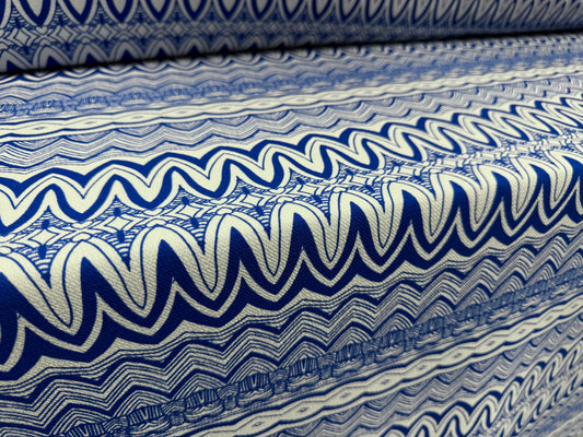Heavyweight moss crepe woven dress fabric with comfort stretch - zig zag print - royal blue