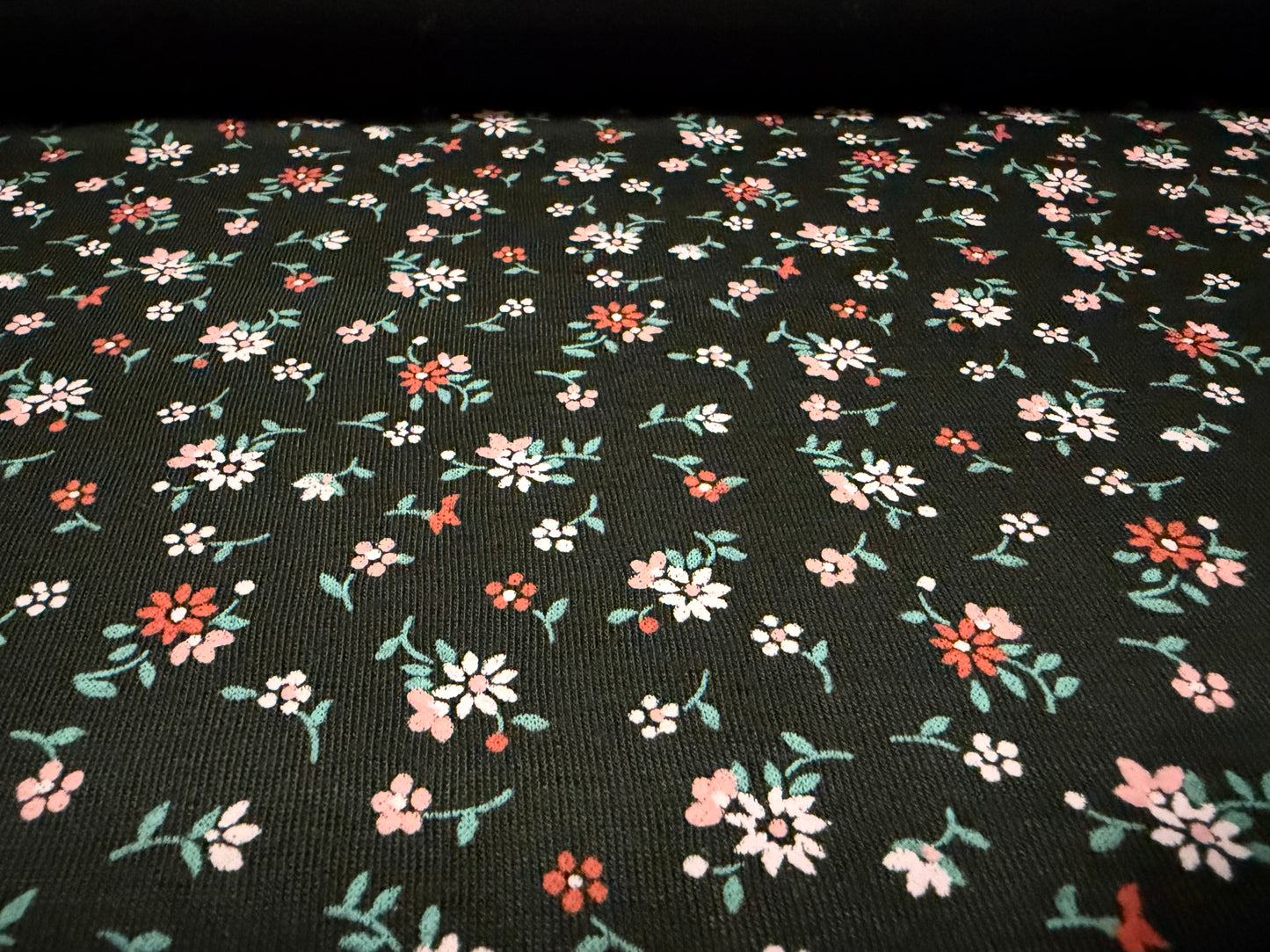 Viscose spandex stretch single jersey fabric, per metre - ditsy print - black & blush pink