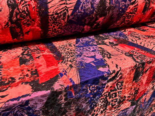 Stretch spandex jersey jacquard fabric, per metre - leopards print - pink & blue