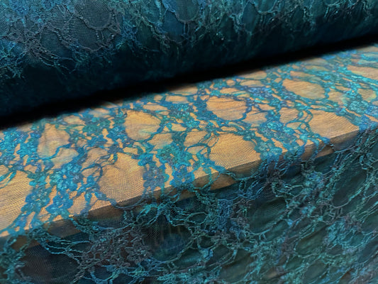 Stretch spandex mesh lace fabric, per metre - floral smudge print - teal & kingfisher blue