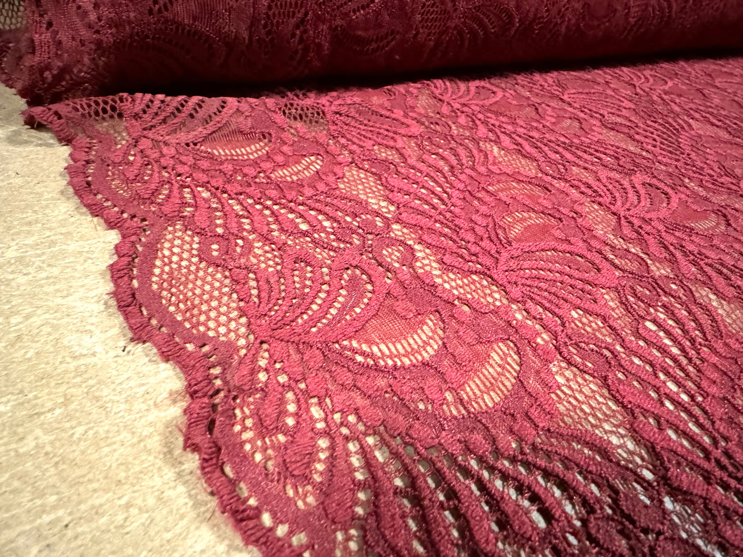 Soft stretch lace fabric, per metre - scalloped selvedge - paisley leaf - wine