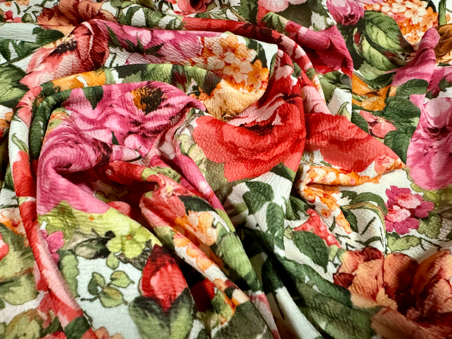 Scuba textured ‘Liverpool’ stretch spandex jersey fabric, per metre - English country garden floral print - multicolour