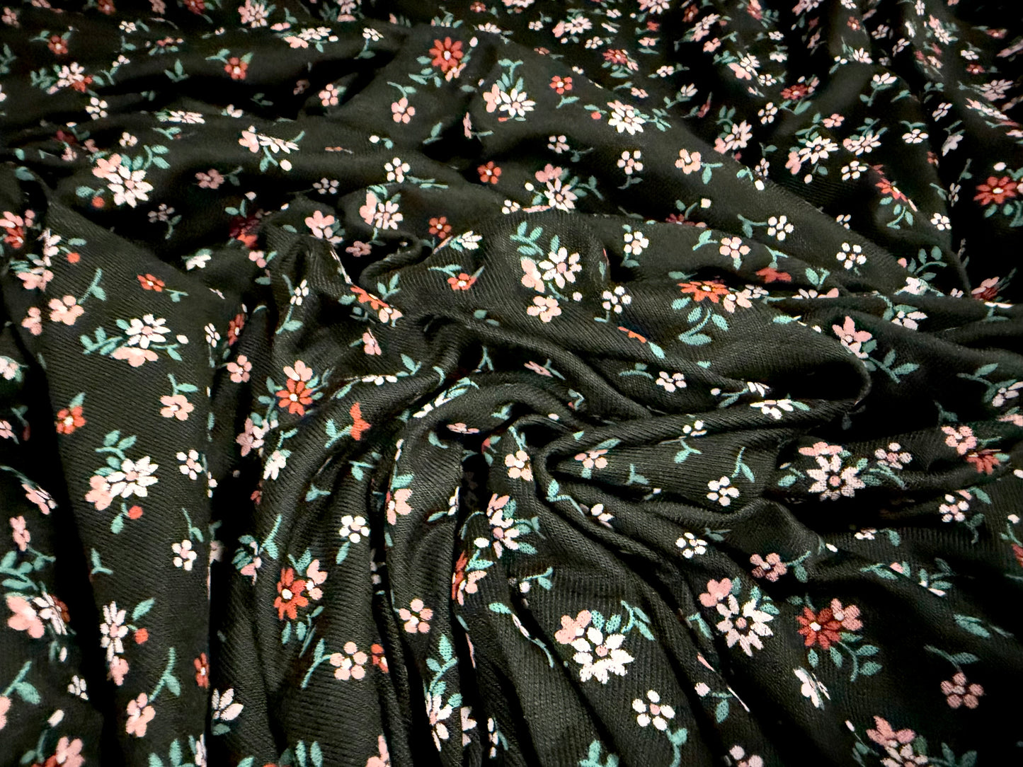 Viscose spandex stretch single jersey fabric, per metre - ditsy print - black & blush pink