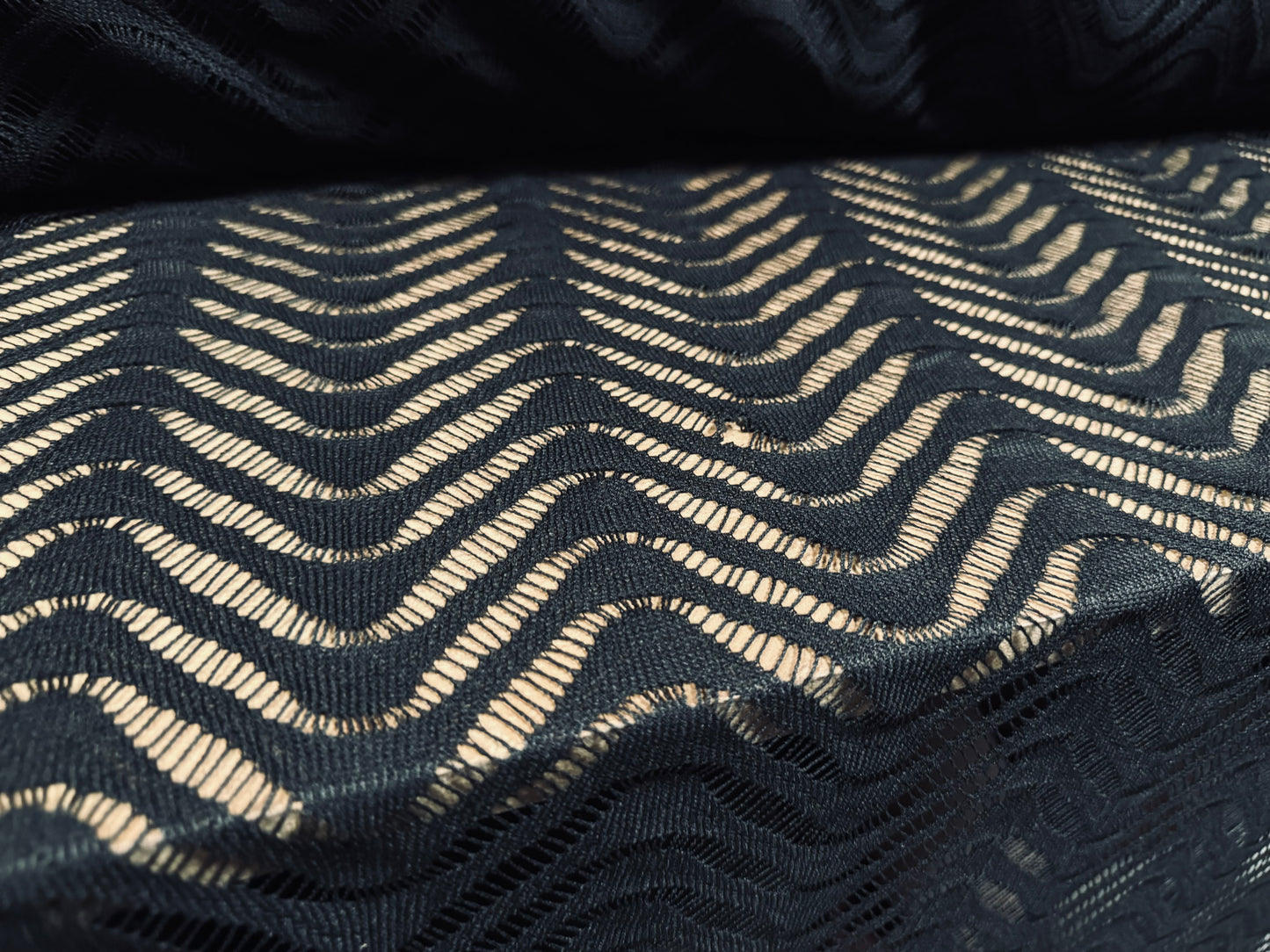 Crochet knit jersey fabric, per metre - wave frill - black