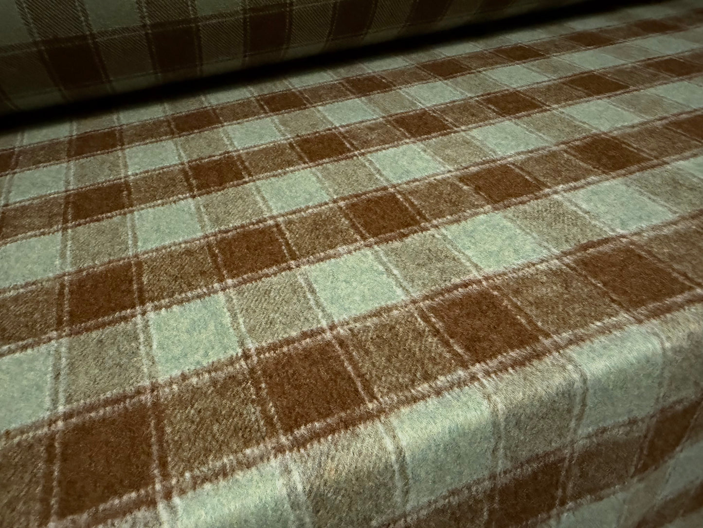 Heavyweight wool flannel fabric, per metre - plaid check - green & brown