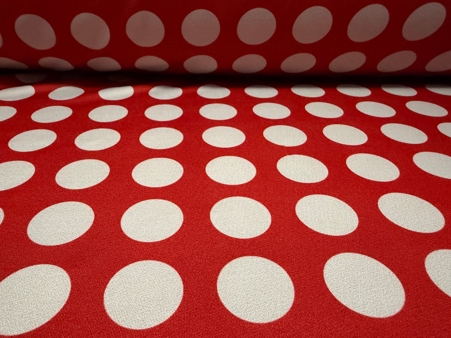 Stretch spandex crepe jersey fabric, per metre - polka dot print - red & grey