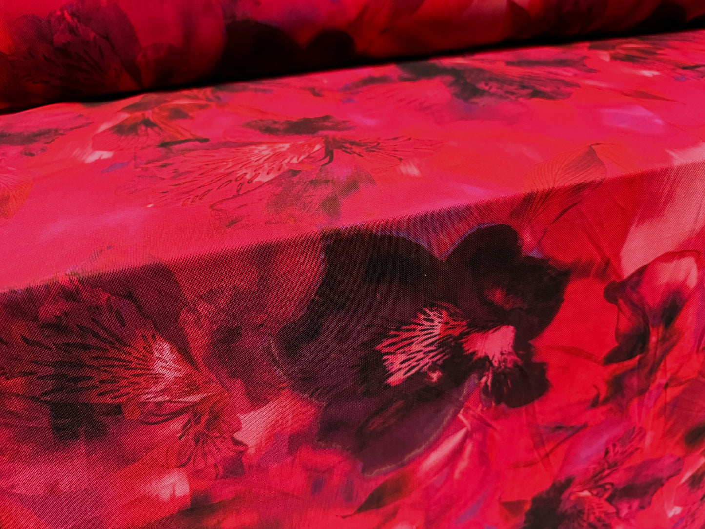 Power mesh net stretch spandex fabric, per metre - orchid flower print - cherry red & purple